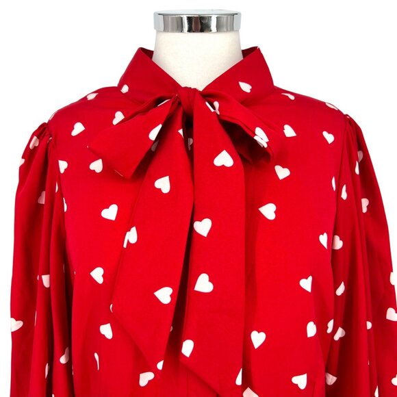 Unique Vintage Gwen Red White Heart Print Blouse Puff Sleeve Size Large - Picture 2 of 12
